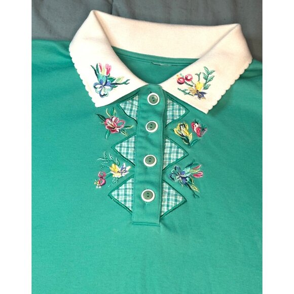 Vintage Womens Embroidered Floral Polo Shirt With White Collar & Button Accent S - Picture 3 of 6